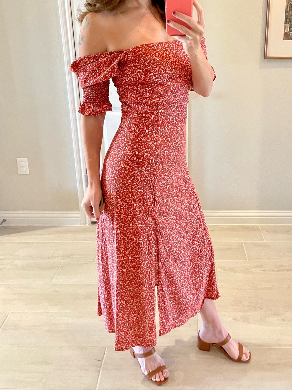 Mi Ami - Small, Coral Floral Off-Shoulder Maxi Dress